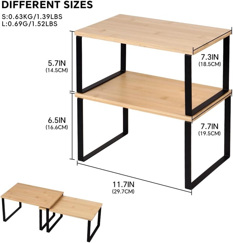 HEY FOLY Kitchen Cabinet Organizer Shelf, Set of 2 Stackable Counter Shelves, Small Wood Cabinet Riser Shelf for Pantry Cupboard Spice Dish Mug Cup, Expandable, Metal Engineered Wood (Beige & Black, 11.7''W) - Image 3
